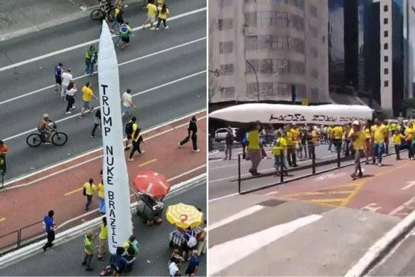 Imagem colorida mostra míssil inflável com pedido de ataque nuclear durante ato de Flávio Bolsonaro. Metrópoles