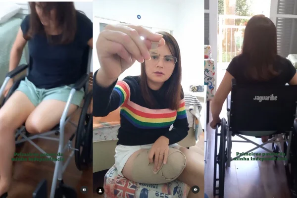Três fotos coloridas da mesma mulher, de cabelos lisos caindo até a altura do ombro. Ela não tem a perna esquerda. nas três imagens ela está em uma cadeira de rodas - Metrópoles