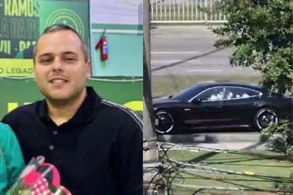 Montagem com fotos coloridas do Vinicius Drummond e do carro de luxo do bicheiro após o atentado - Metrópoles