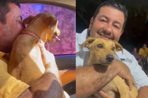 Dono posa com cachorro Badú, que estava sumido em Goiás, e faz festa e churrasco para comemorar seu retorno - Metrópoles