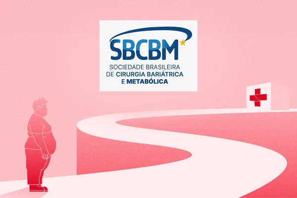Ilustração representa um obeso enfrentando um caminho sinuoso em direção a um hospital