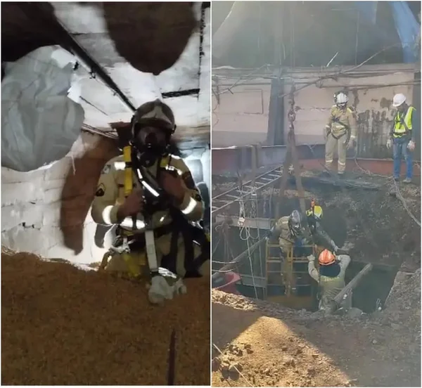 Imagem colorida de bombeiros durante resgate a desaparecido em silo - Metrópoles
