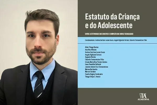 Ex-secretário do Guarujá que estuprou sobrinho autista e capa de livro em que escreveu capítulo sobre direitos da criança e do adolescente. - Metrópoles