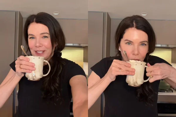 montagem de atriz tomando café