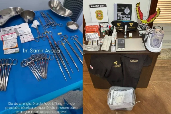 Montagem colorida com anúncio de dentista preso sobre realização de procedimentos estéticos (à esquerda) e itens apreendidos pela Polícia Civil durante operação Jaleco Falso (à direita)