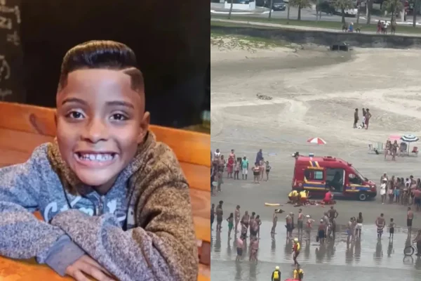 Imagem colorida de montagem com foto de criança do lado esquerdo e foto de viatura dos bombeiros do mar do lado direito. Metrópoles