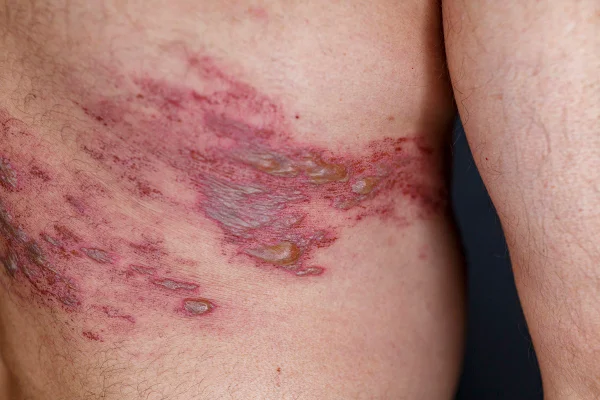 Imagem colorida das costas de uma pessoa com lesões típicas da herpes-zóster