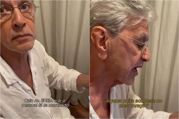 Imagem colorida de Caetano Veloso lendo questão do Enem com músicas dele