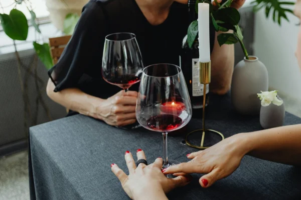 Duas pessoas sentadas na mesa segurando taças de vinho