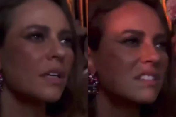 Montagem com fotos coloridas de Paolla Olivera fazendo cara feia
