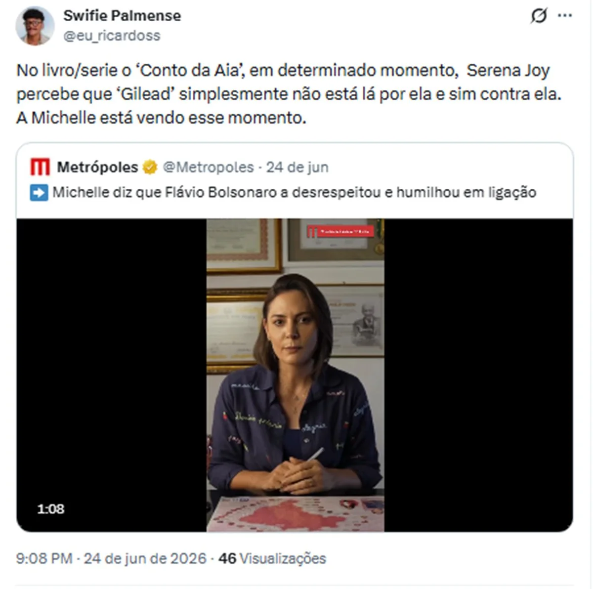 Por que Michelle Bolsonaro está sendo comparada a Serena Joy, de O Conto da Aia? - imagem 3 Por que Michelle Bolsonaro está sendo comparada a Serena Joy, de O Conto da Aia? - imagem 3