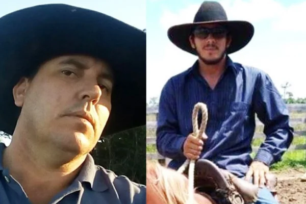 Montagem de fotos com dois homens usando chapéu de cowboy. pai e filho se matam em cuiabá
