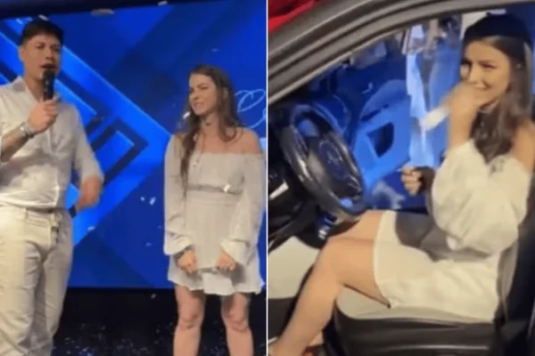 Imagem colorida de uma mulher e um homem de branco segurando um microfone - Metrópoles