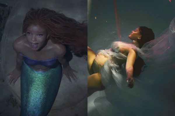 montagem com foto de mulher vestida de ariel e foto colorida de mulher gravida debaixo d'água com vestido fluido - metrópoles