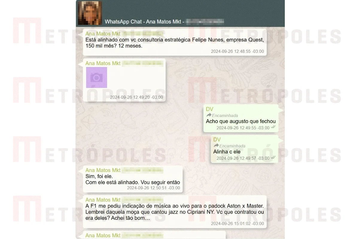 Os diálogos obtidos pelo Metrópoles mostram conversas entre Vorcaro e Ana Matos, do marketing da instituição, sobre um contrato de R$ 150 mil por mês Os diálogos obtidos pelo Metrópoles mostram conversas entre Vorcaro e Ana Matos, do marketing da instituição, sobre um contrato de R$ 150 mil por mês
