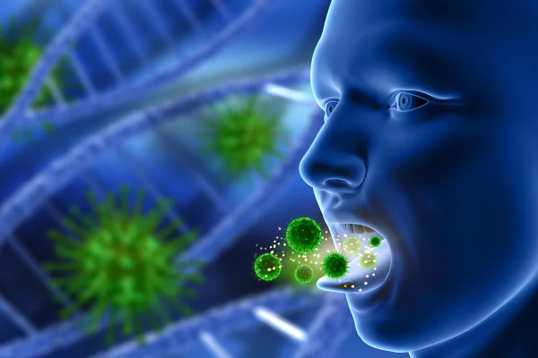 Ilustração em cores azul e verde, de bactérias saindo da boca - Metrópoles.