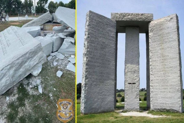 Fotos justapostas de réplica do monumento Stonehenge nos Estados Unidos. Na primeira (esquerda) ele aparece destruído após ataque à bomba e na segunda (direita) ele aparece inteiro - Metrópoles