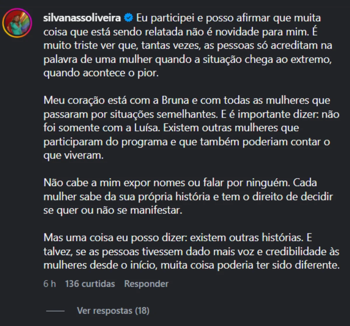 Silvana Oliveira, mãe da cantora Ludmilla defendeu Luiza Ambiel e Ana Bruna após denúncias contra Sérgio Hondjakoff. Silvana Oliveira, mãe da cantora Ludmilla defendeu Luiza Ambiel e Ana Bruna após denúncias contra Sérgio Hondjakoff.