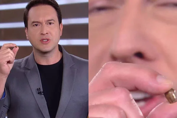 Montagem com fotos colorida dos jornalista da Record Eduardo Ribeiro segurando uma bala perdida - Metrópoles