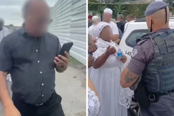 Foto colorida de Padre em confusão durante celebração de religião de matriz africana