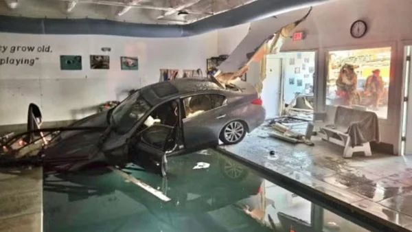 Foto colorida de carro após atingir centro aquático de reabilitação de animais