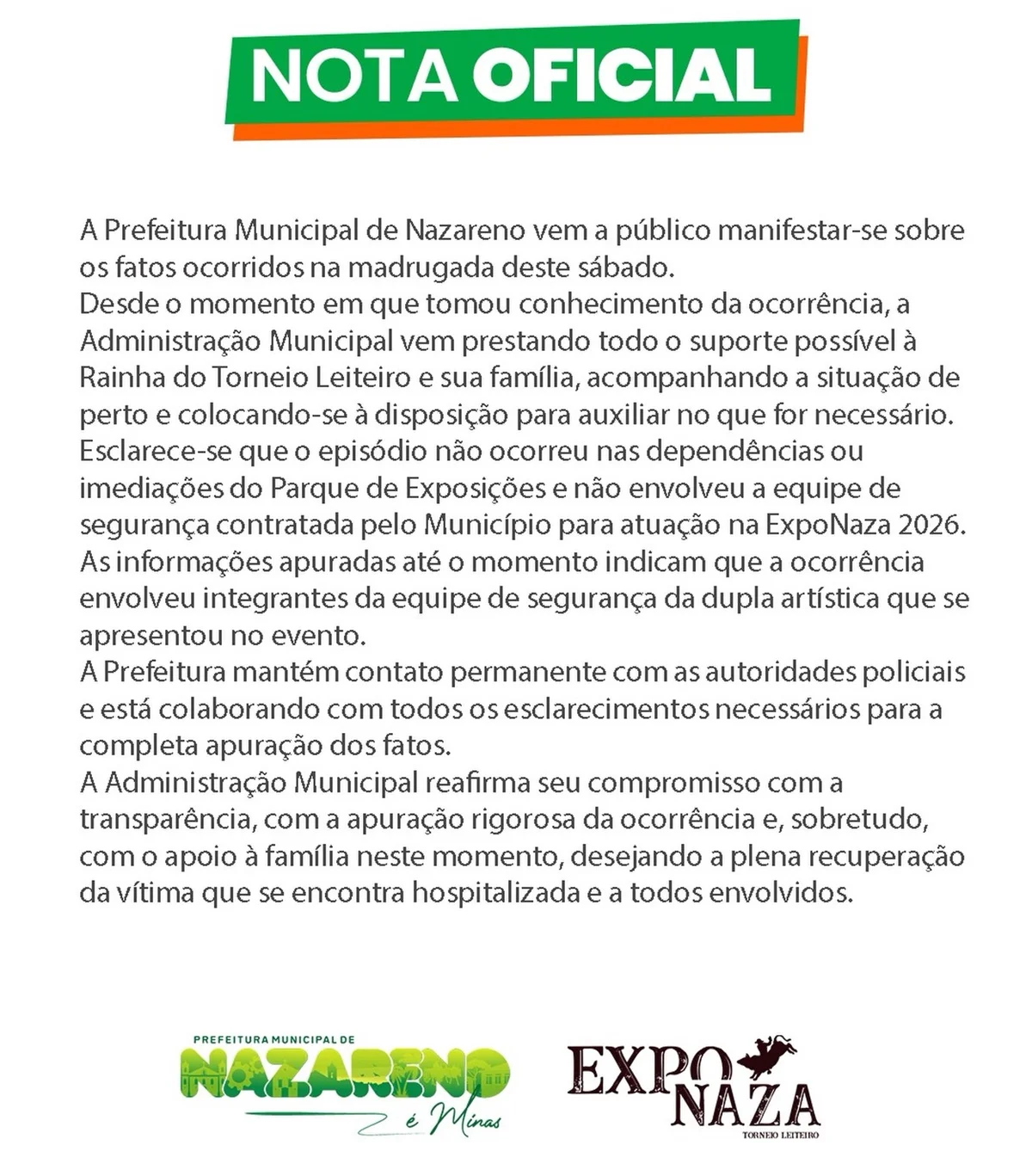 A prefeitura de Nazareno falou sobre a confusão com a equipe da dupla Felipe e Rodrigo A prefeitura de Nazareno falou sobre a confusão com a equipe da dupla Felipe e Rodrigo