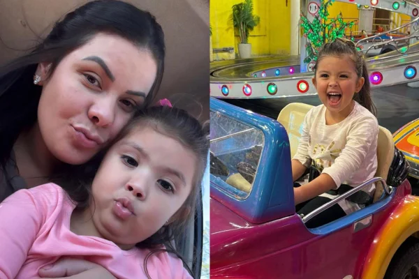 Imagem mostra Rafaela, a mãe, a esquerda, com a filha Giovana em uma selfie. Na foto da direita mostra Giovana sorrindo brincando em um carrinho em um parque. Metrópoles