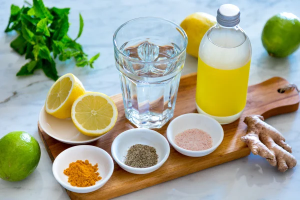 Imagem mostra vários potinhos com pós coloridos, um limão partido, um copo de vidro e uma garrafa com líquido amarelo. Os ingredientes são usados para o shot matinal - Metrópoles