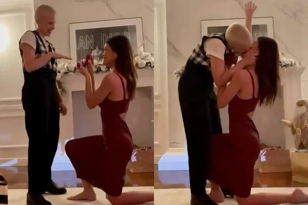 À esquerda, Vitória Strada se ajoelha para pedir Marcella Rica em casamento; à direita, Marcella Rica aceita pedido e beija Vitória Strada - Metrópoles
