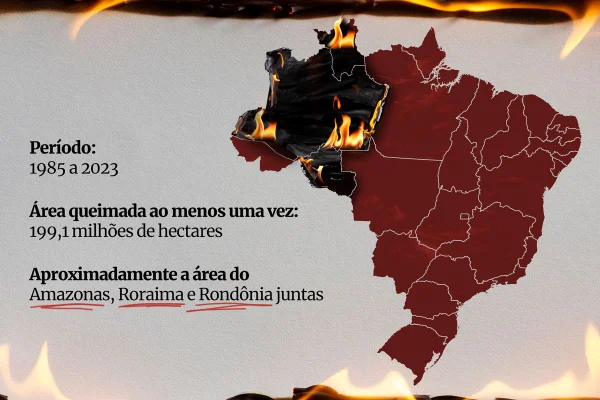 Ilustraçaõ do mapa do Brasil consumido pelo fogo