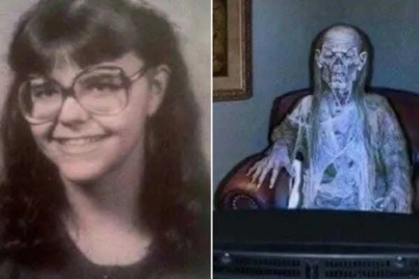 Na imagem colorida, foto de uma jovem de óculos e, ao lado, a imagem do corpo dela mumificado em um sofá - Metrópoles