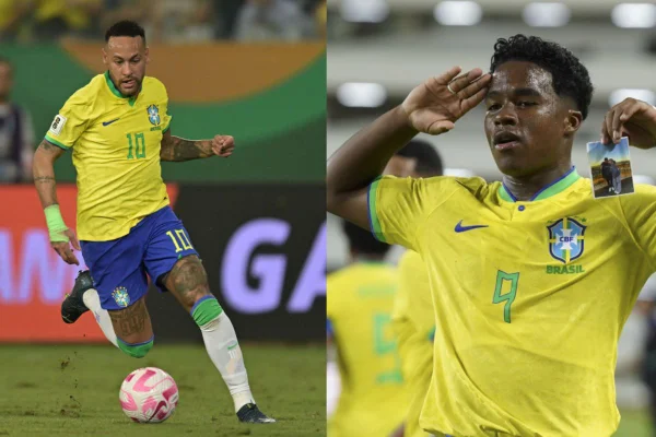 montagem de fotos coloridas mostra Naymar e Endrick em campo pela Seleção Brasileira