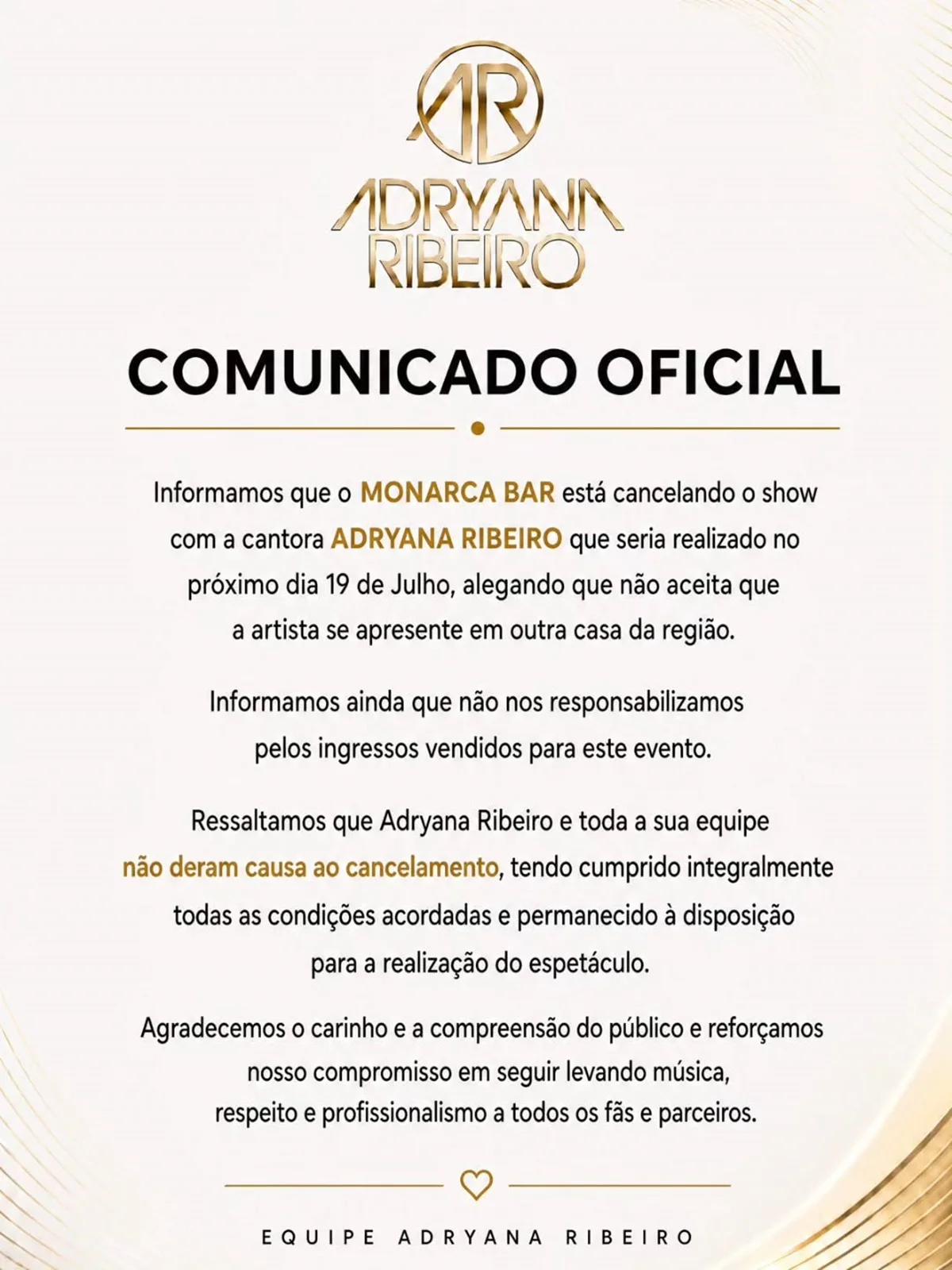 Bar cancela show de Adryana Ribeiro e motivo chama a atenção dos fãs Bar cancela show de Adryana Ribeiro e motivo chama a atenção dos fãs