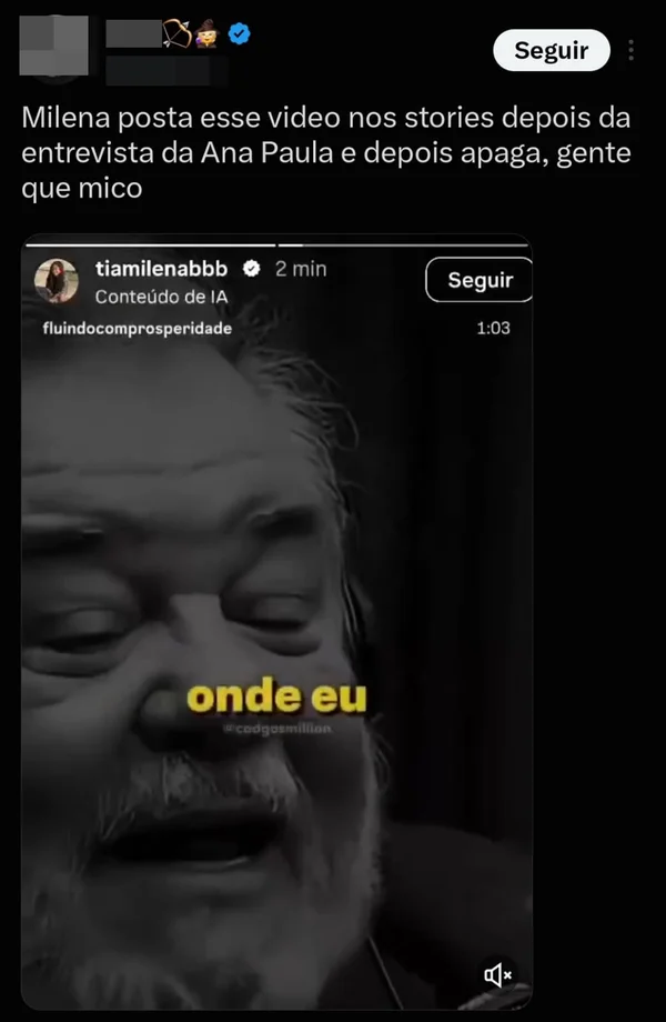 “Forçar presença”, diz post de Tia Milena após entrevista de Ana Paula - destaque galeria “Forçar presença”, diz post de Tia Milena após entrevista de Ana Paula - destaque galeria