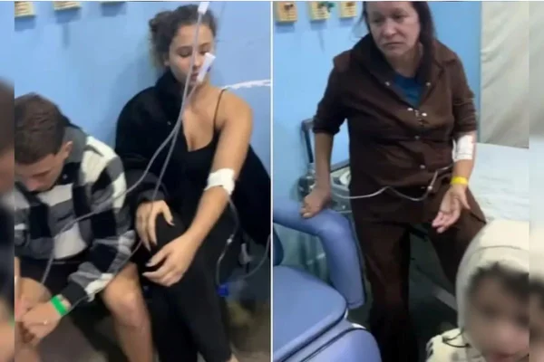 Montagem com fotos coloridas de família no hospital após churrasco com carne temperada com bicarbonato de sódio - Metrópoles