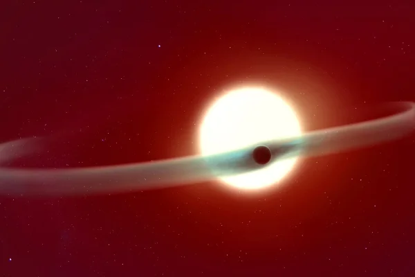 Ilustração colorida mostra exoplaneta com cauda dupla formada pela escape de gás hélio - Metrópoles