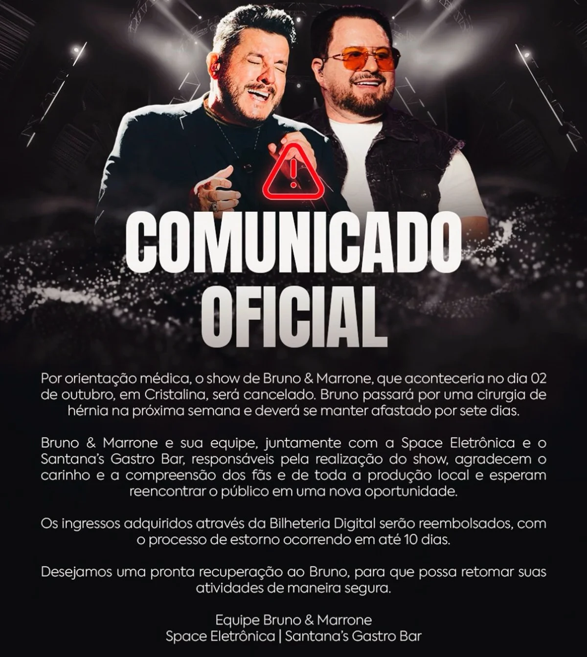 Bar onde Bruno e Marrone se apresentariam usou o Instagram para falar sobre o cancelamento Bar onde Bruno e Marrone se apresentariam usou o Instagram para falar sobre o cancelamento
