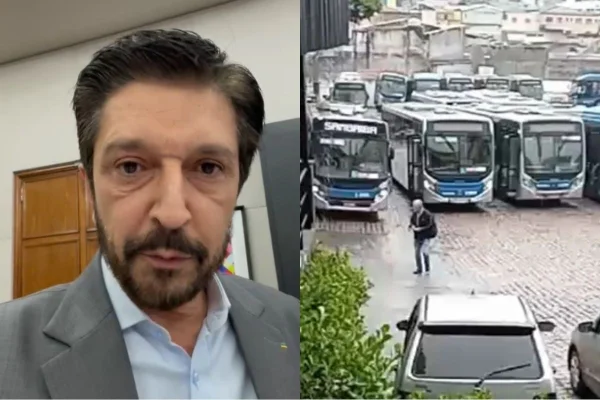 Imagem colorida mostra ônibus em greve em SP e Ricardo Nunes. Metrópoles