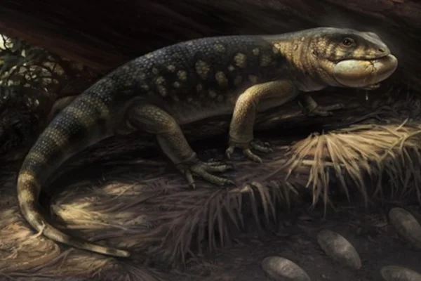 Ilustração colorida de lagarto gigante pré-histórico - Metrópoles