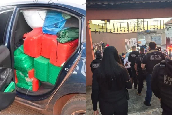 Montagem colorida de tijolos de maconha e movimentação de policiais civis, que prenderam dois por suspeita de serem "coiotes do tráfico".