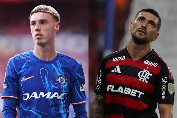 Foto colorida de Palmer e Arrascaeta, de Chelsea e Flamengo, respectivamente - Metrópoles