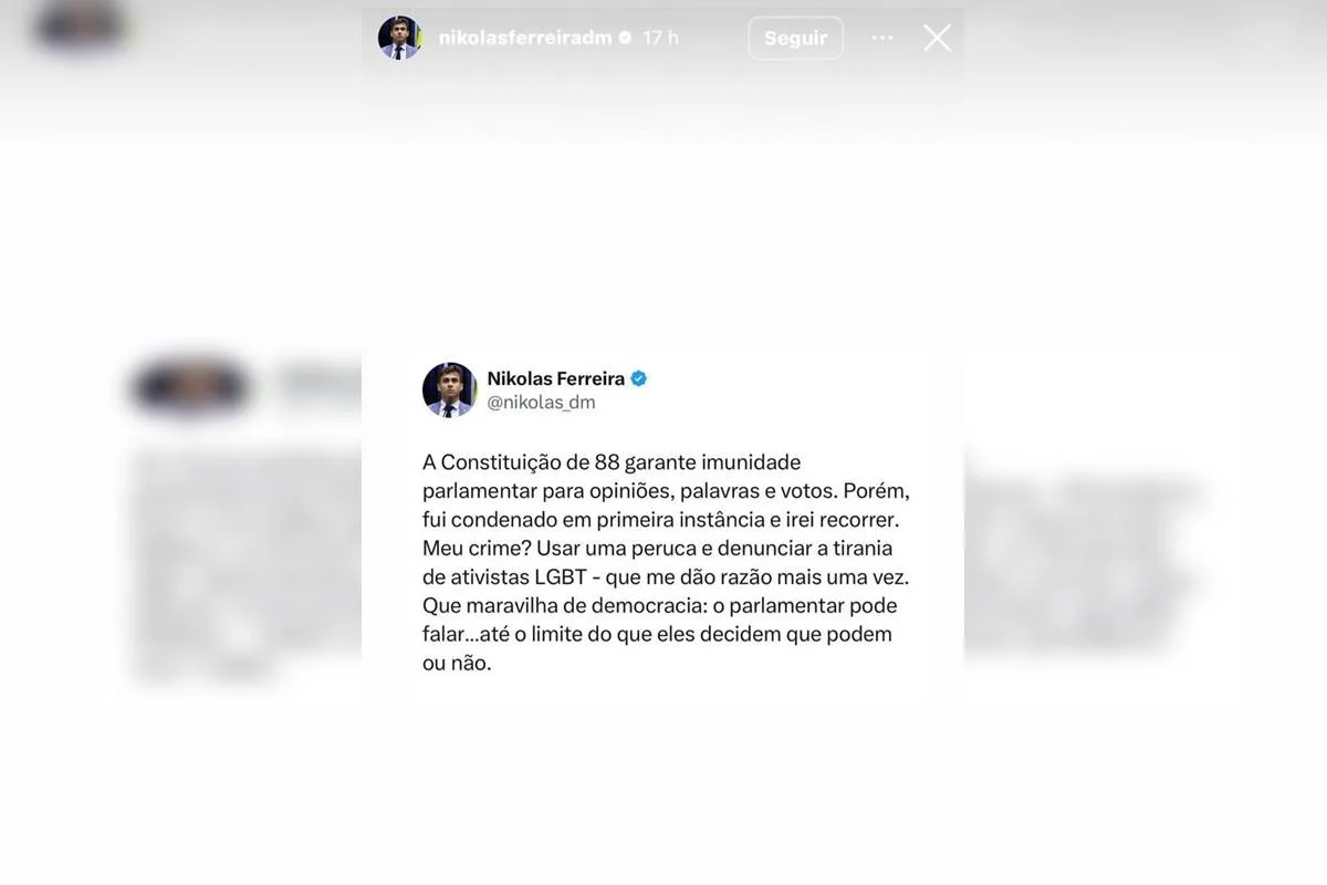 Reação de Nikolas Ferreira após sentença condená-lo a pagar R$ 200 mil em indenização por dano moral coletivo por fala considerada transfóbica Reação de Nikolas Ferreira após sentença condená-lo a pagar R$ 200 mil em indenização por dano moral coletivo por fala considerada transfóbica