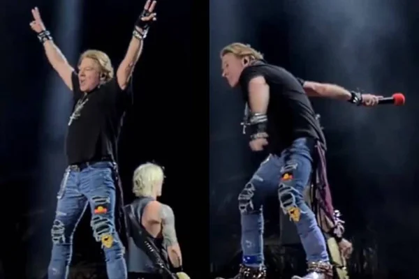 Montagem com frames de Axl Rose jogando microfone na plateia - Metrópoles