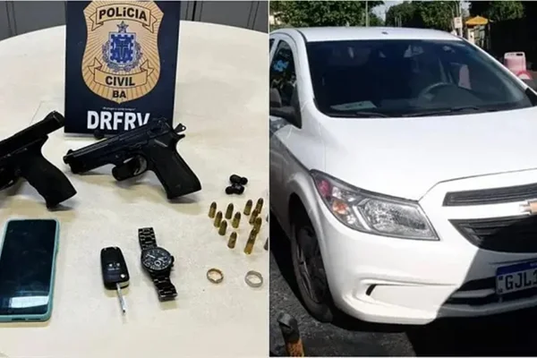 Imagem mostra armas e carro apreendidos com suspeitos de tentar assaltar joalheria - Metrópoles