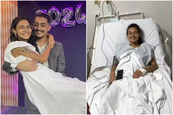 Montagem colorida de Débora Borges e o marido Gustavo - Metrópoles