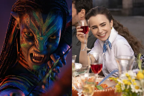 Montagem colorida de cenas de Avatar: Fogo e Cinzas e Emily in Paris para lista de estreias da semana — Metrópoles