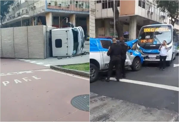 Foto colorida de acidente entre um caminhão e uma viatura da PM - Metrópoles
