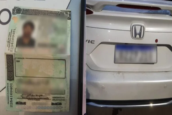 Imagem colorida de CNH falsa e ao lado o carro do motorista - Metrópoles
