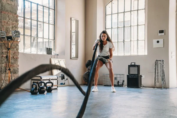 Mulher negra de cabelos cacheados está balançando cordas em exercício de alta intensidade - Metrópoles