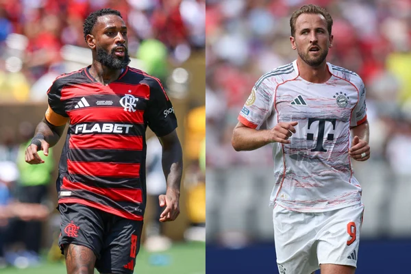 Foto montagem colorida de Gerson, do Flamengo e Harry Kane, do Bayern de Munique - Metrópoles